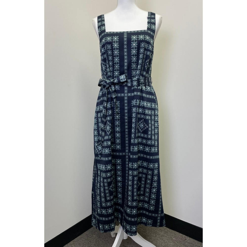 NWT LOFT Outlet Blue Floral Geometric Midi Dress 10 Belted Bohemian Sundress
